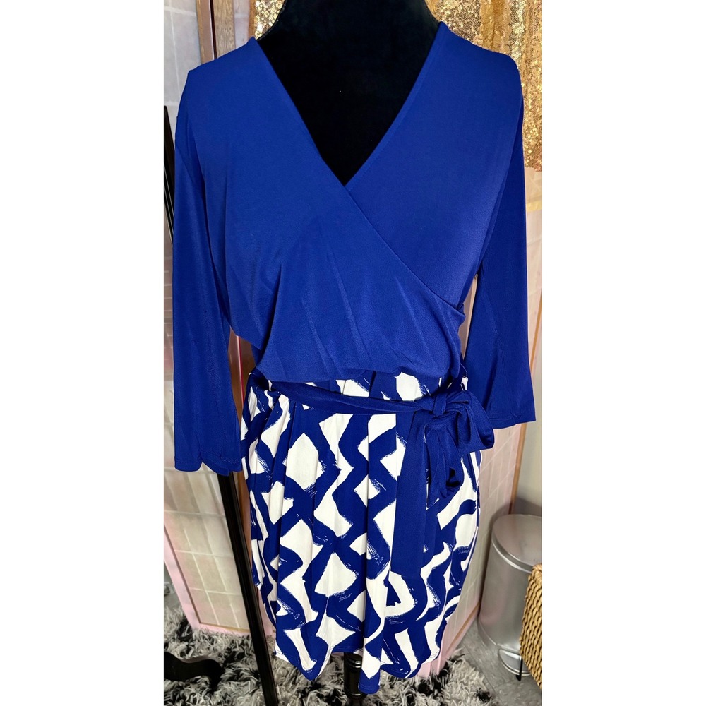 Leota Faux Wrap Dress XXL Blue Zig Zag Navy Crepe V-Neck 3/4 Sleeve NWT 2515